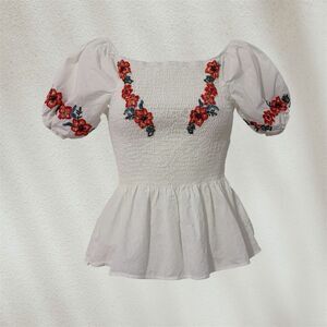 Hippie Nomad XS Smocked Top Embroidered Floral Babydoll Puff Sleeve White Rayon